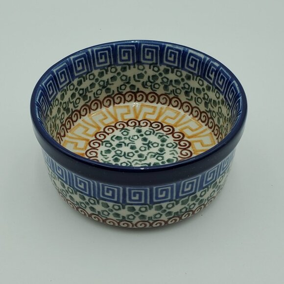Polish Pottery Small Grecian Sea Bowl Ramekin Trinket Dish Blue Scrolls Bowl - Picture 1 of 7